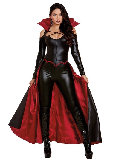 women's red and black dress for a vampire coronation Small/Medium Women Classic Costume Women With bold red and black tones and a dramatic stand Black and Red Vampire Gown
